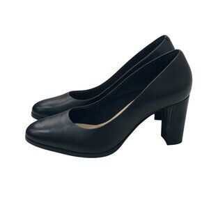 Clarks Womens Kaylin Cara Black Leather Comfortable Block Heel Pumps SZ 9M